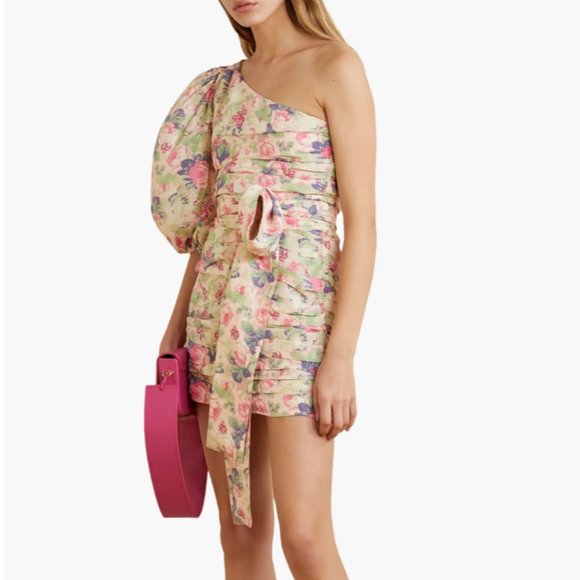 NWT LOVESHACKFANCY Altie One Shoulder Pleated Floral Print Satin Mini Dress 8 - Picture 1 of 7